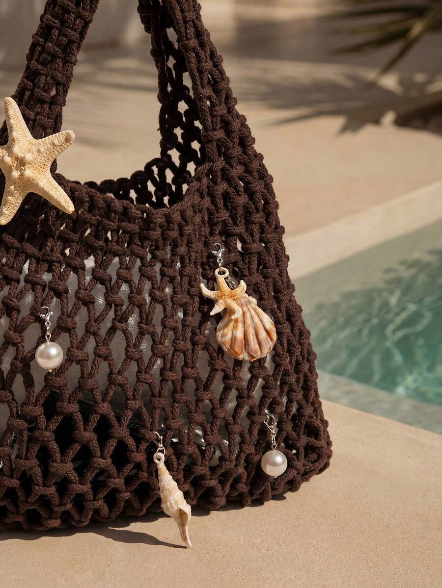 Swim Chiccia 1pc Polyester Mesh Bottom Multicolor Solid Crochet Woven Tote Bag, Rhombus Pattern, Lightweight Portable Large Capacity Cute Japanese Style Fashion Summer Beach Bag For Women