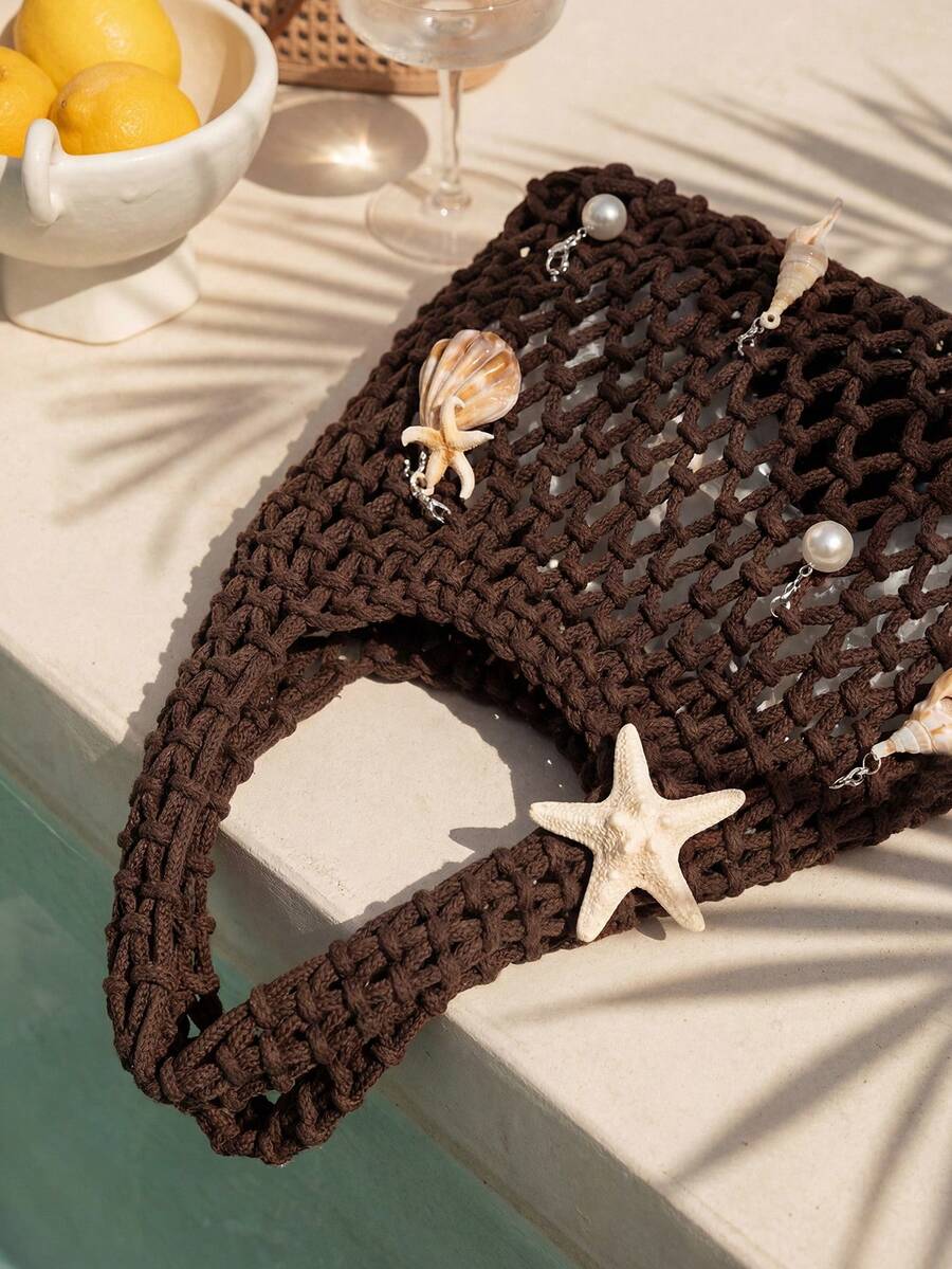 Swim Chiccia 1pc Polyester Mesh Bottom Multicolor Solid Crochet Woven Tote Bag, Rhombus Pattern, Lightweight Portable Large Capacity Cute Japanese Style Fashion Summer Beach Bag For Women