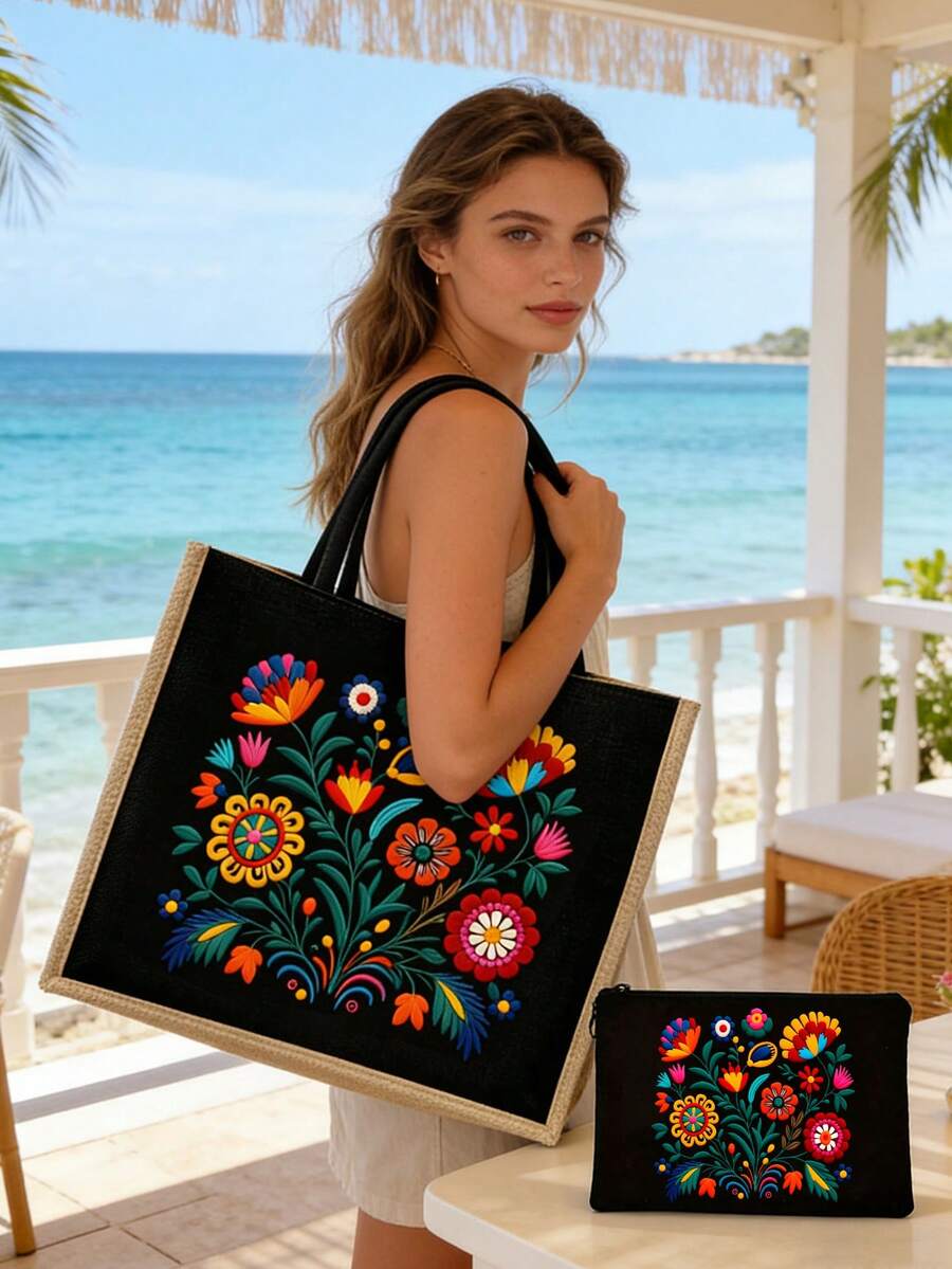 Bohemian Floral Handbag Set, Women's Handbag And Wallet Set, Minimalist Decor, Mexican Style Print Includes Tote Bag And Coin Purse, Eastern European Art Style Large Capacity Women's Bag, Cosmetic Sto