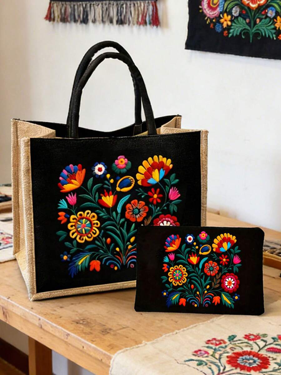 Bohemian Floral Handbag Set, Women's Handbag And Wallet Set, Minimalist Decor, Mexican Style Print Includes Tote Bag And Coin Purse, Eastern European Art Style Large Capacity Women's Bag, Cosmetic Sto