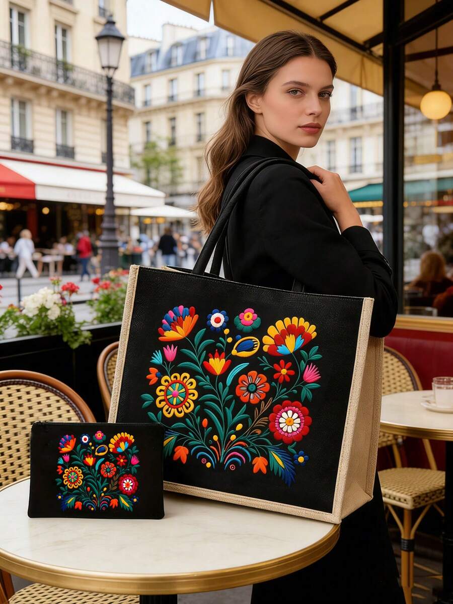 Bohemian Floral Handbag Set, Women's Handbag And Wallet Set, Minimalist Decor, Mexican Style Print Includes Tote Bag And Coin Purse, Eastern European Art Style Large Capacity Women's Bag, Cosmetic Sto