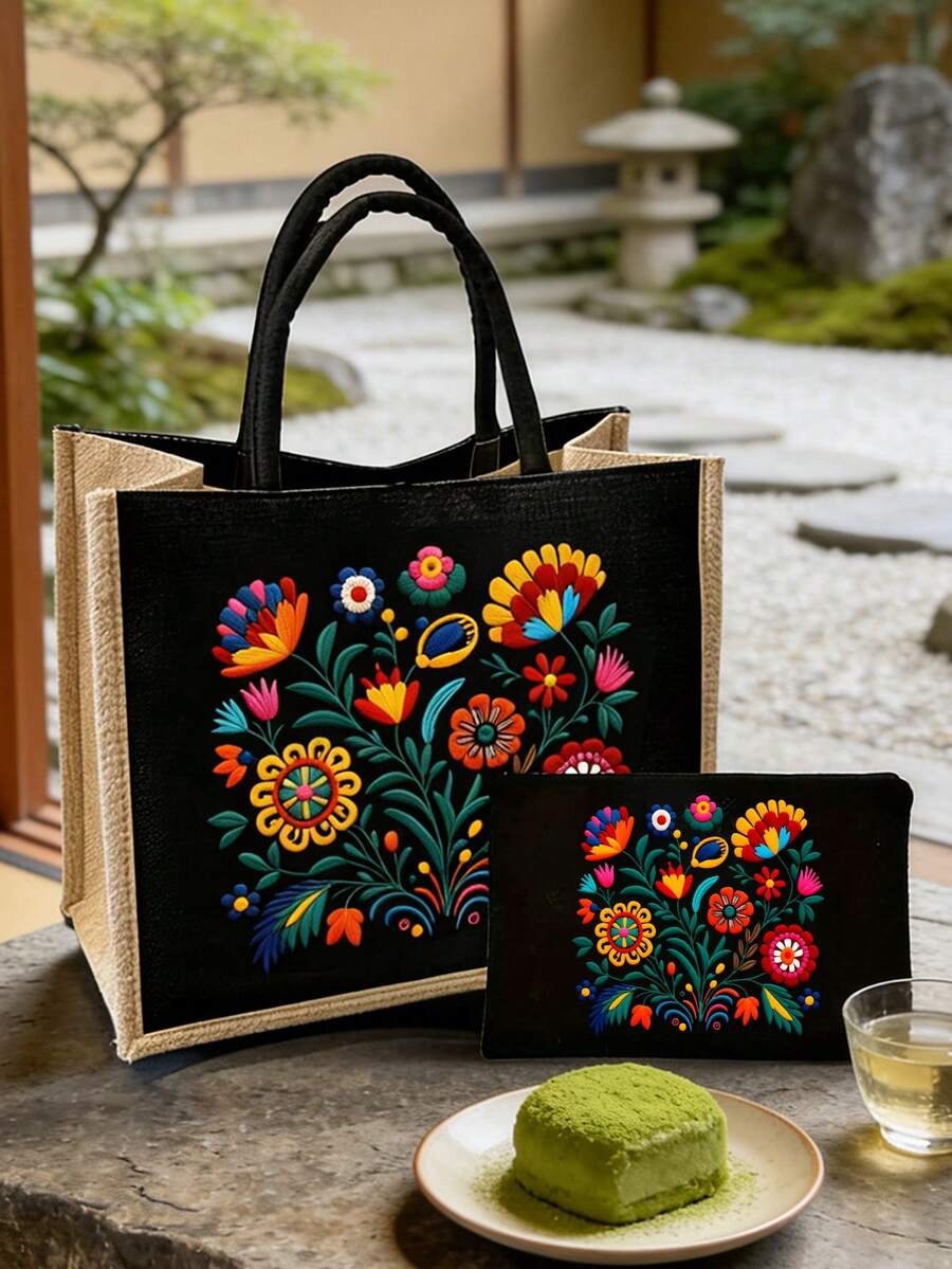 Bohemian Floral Handbag Set, Women's Handbag And Wallet Set, Minimalist Decor, Mexican Style Print Includes Tote Bag And Coin Purse, Eastern European Art Style Large Capacity Women's Bag, Cosmetic Sto