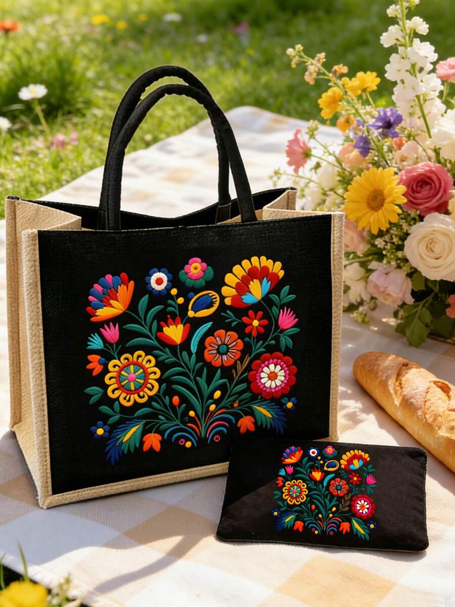 Bohemian Floral Handbag Set, Women's Handbag And Wallet Set, Minimalist Decor, Mexican Style Print Includes Tote Bag And Coin Purse, Eastern European Art Style Large Capacity Women's Bag, Cosmetic Sto