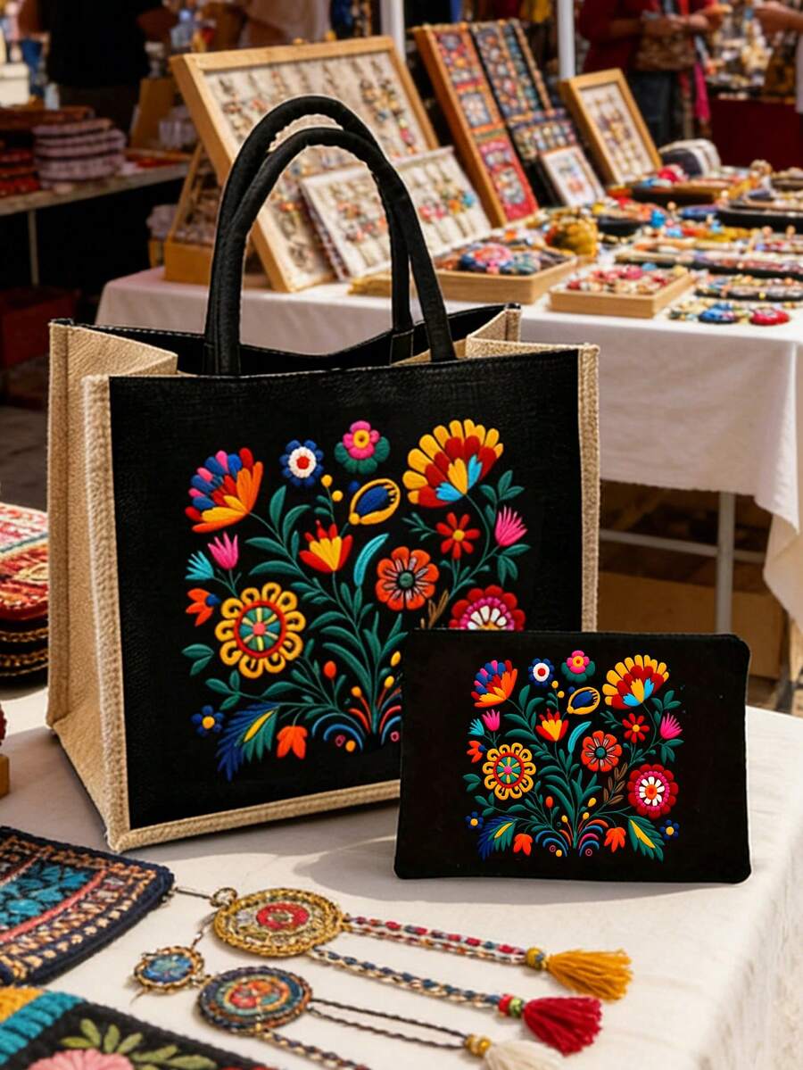 Bohemian Floral Handbag Set, Women's Handbag And Wallet Set, Minimalist Decor, Mexican Style Print Includes Tote Bag And Coin Purse, Eastern European Art Style Large Capacity Women's Bag, Cosmetic Sto