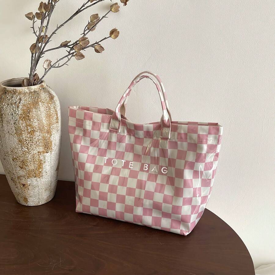 Pink Checkered Transparent Handbag- Women's Large Capacity Handbag, Fashionable Beach And Shopping Bag