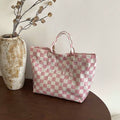 Pink Checkered Transparent Handbag- Women's Large Capacity Handbag, Fashionable Beach And Shopping Bag