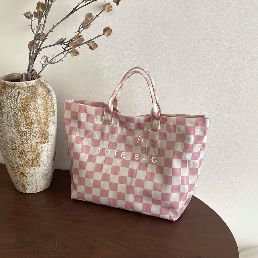 Pink Checkered Transparent Handbag- Women's Large Capacity Handbag, Fashionable Beach And Shopping Bag
