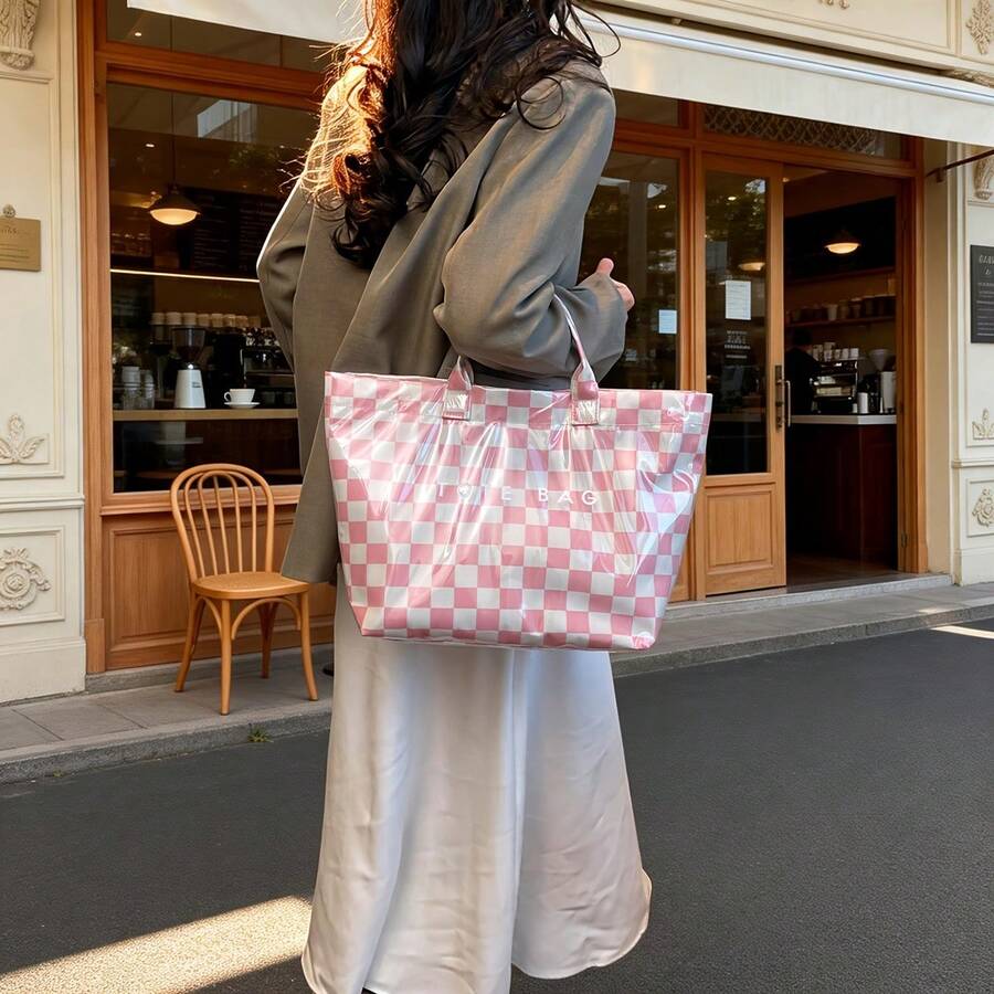 Pink Checkered Transparent Handbag- Women's Large Capacity Handbag, Fashionable Beach And Shopping Bag