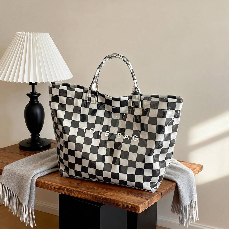 Pink Checkered Transparent Handbag- Women's Large Capacity Handbag, Fashionable Beach And Shopping Bag