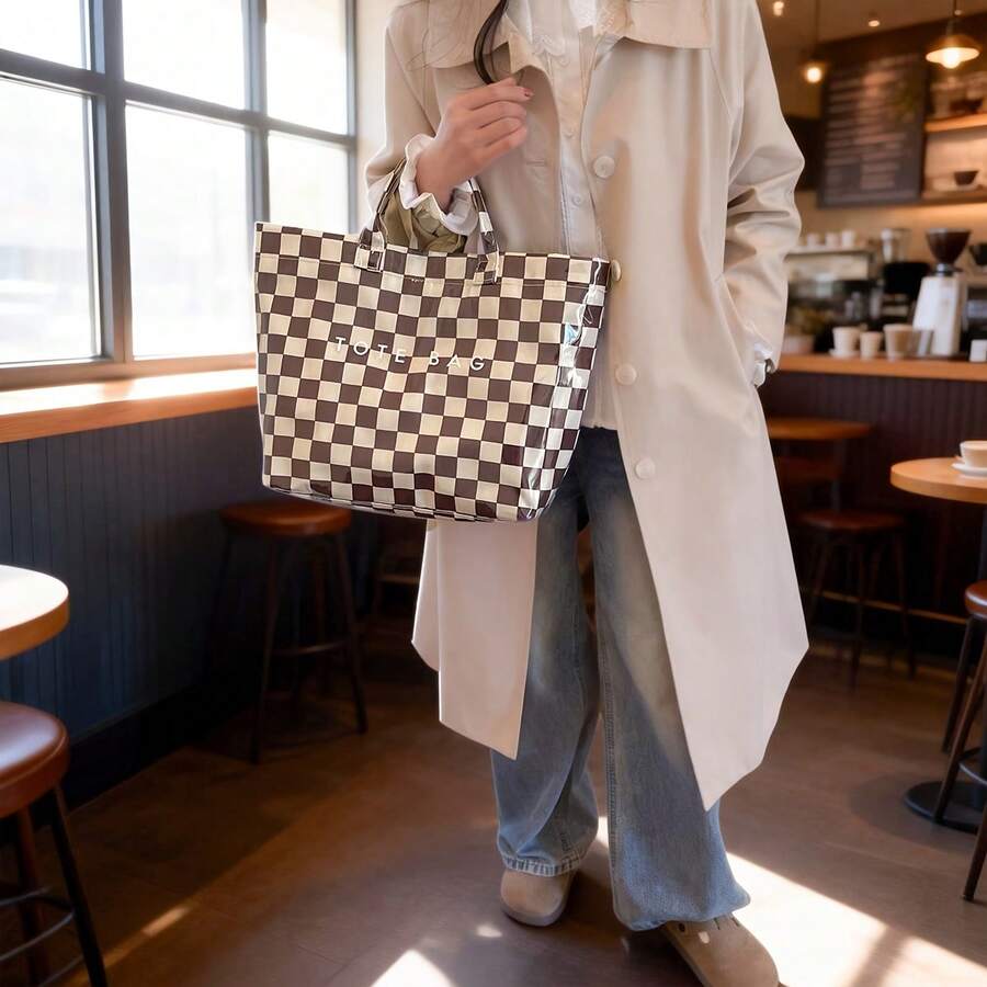 Pink Checkered Transparent Handbag- Women's Large Capacity Handbag, Fashionable Beach And Shopping Bag