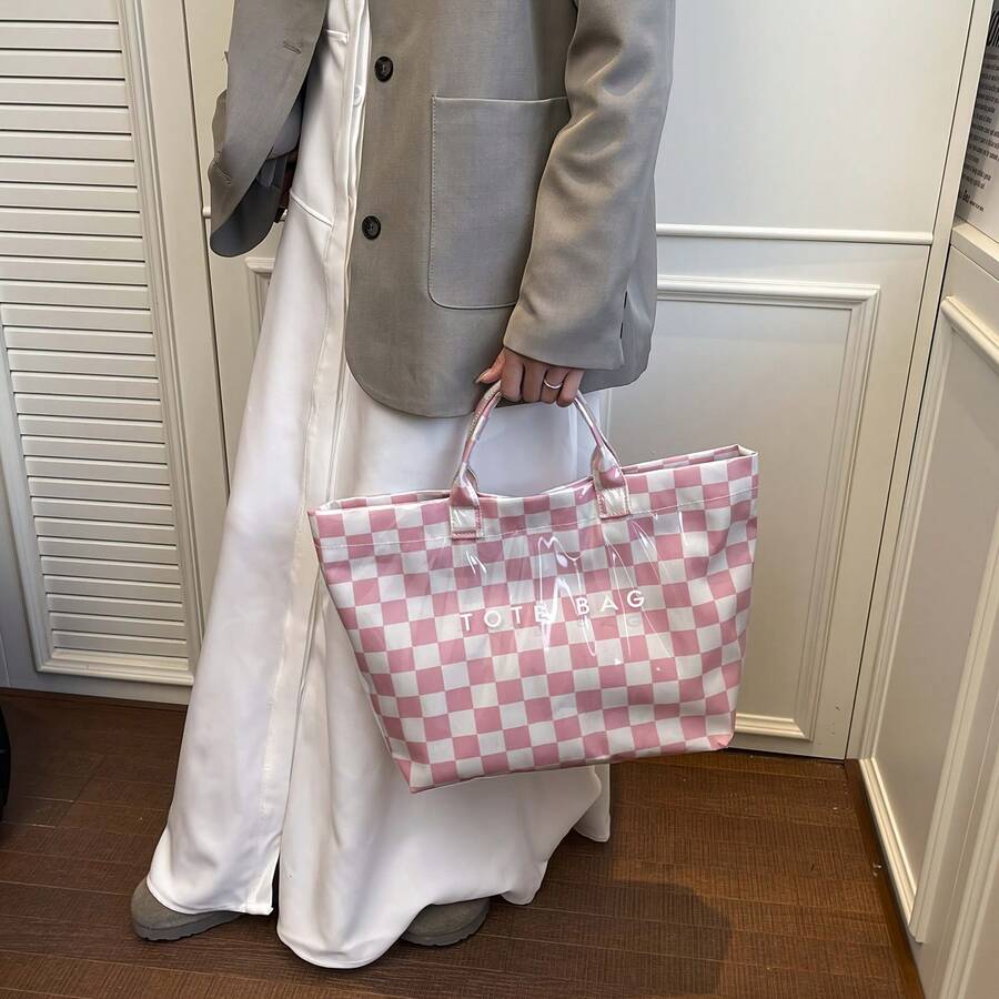 Pink Checkered Transparent Handbag- Women's Large Capacity Handbag, Fashionable Beach And Shopping Bag