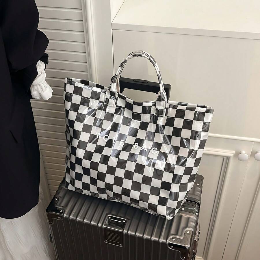 Pink Checkered Transparent Handbag- Women's Large Capacity Handbag, Fashionable Beach And Shopping Bag