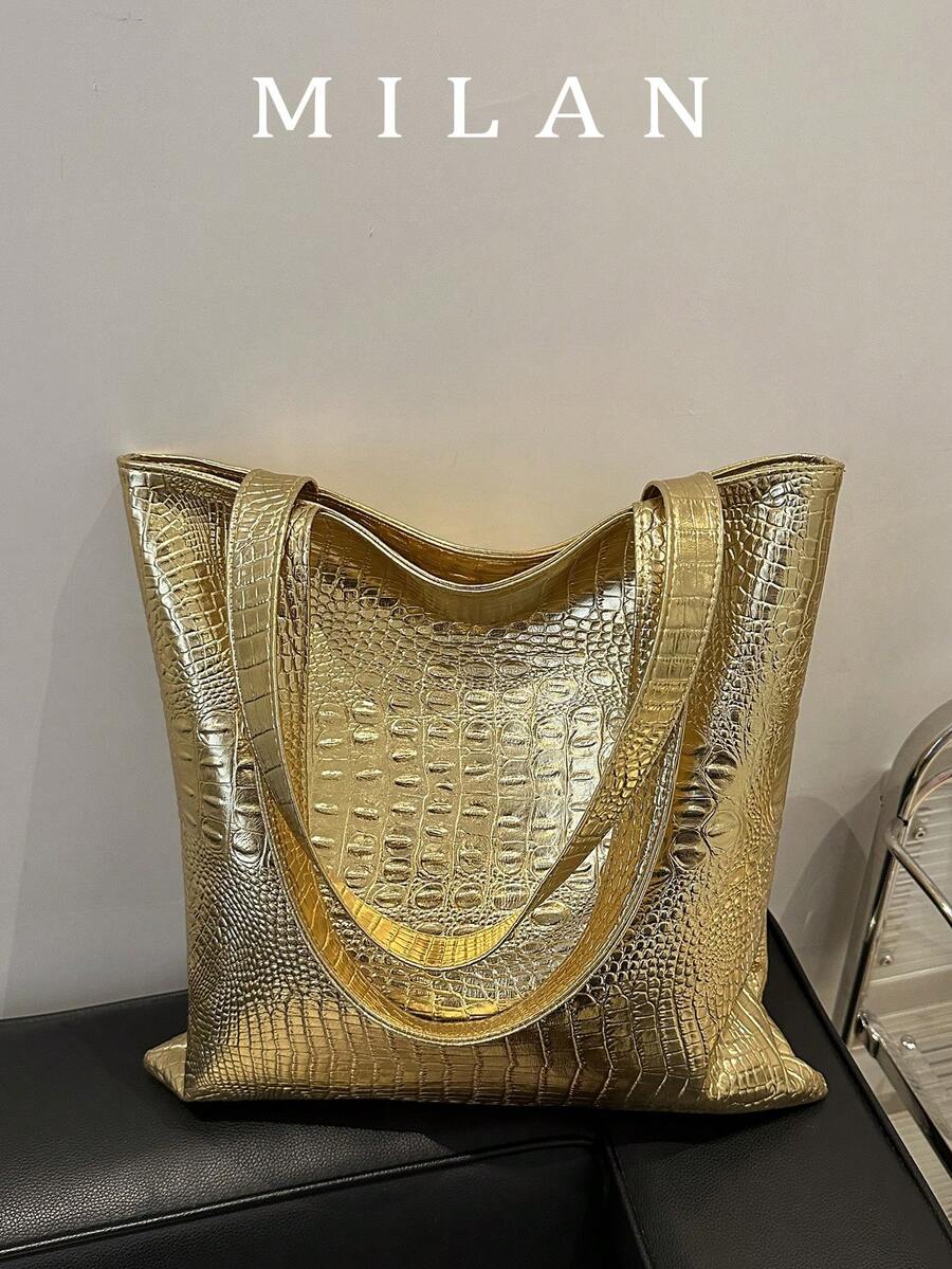 Large Capacity Shoulder PU Leather Tote Bag, Crocodile Embossed, Fashion European And American Style Commuter Bag, Back To School Big Bag