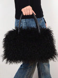 Women's Curly Faux Fur Tote Bag Fluffy Plush Top Handle Handbag Soft Winter Casual Ladies Shoulder Purse With Zipper Closure