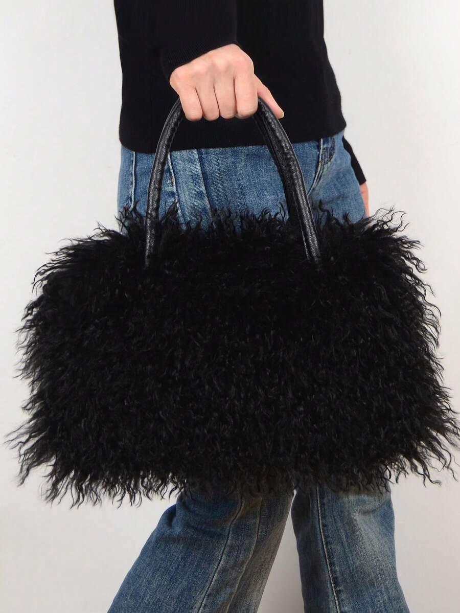 Women's Curly Faux Fur Tote Bag Fluffy Plush Top Handle Handbag Soft Winter Casual Ladies Shoulder Purse With Zipper Closure