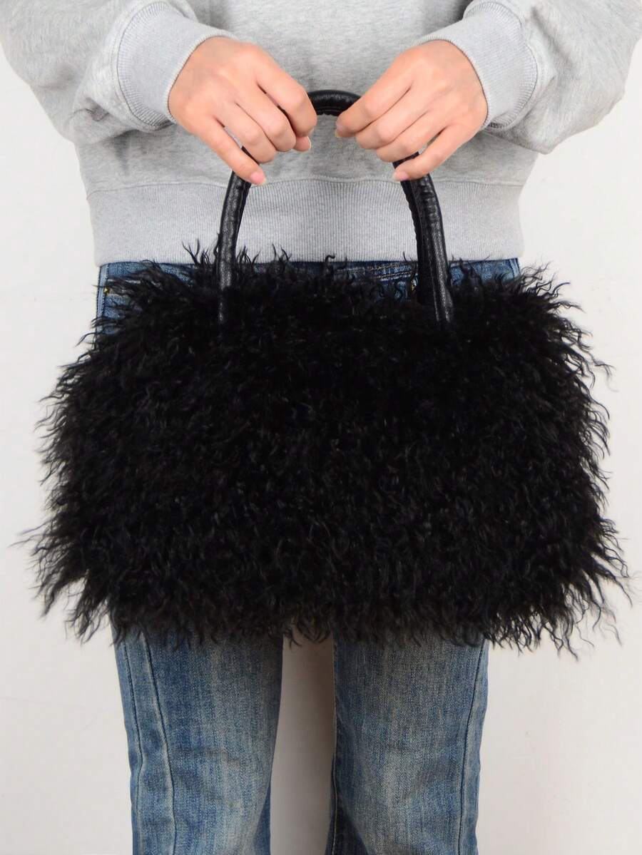Women's Curly Faux Fur Tote Bag Fluffy Plush Top Handle Handbag Soft Winter Casual Ladies Shoulder Purse With Zipper Closure