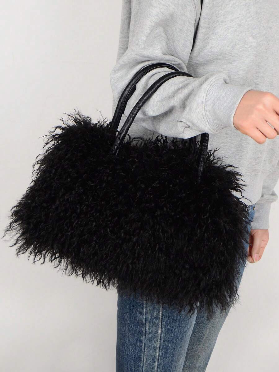 Women's Curly Faux Fur Tote Bag Fluffy Plush Top Handle Handbag Soft Winter Casual Ladies Shoulder Purse With Zipper Closure