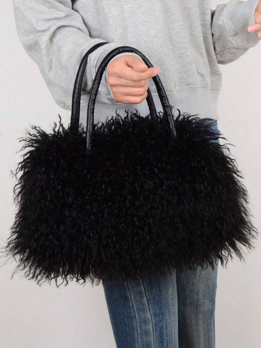 Women's Curly Faux Fur Tote Bag Fluffy Plush Top Handle Handbag Soft Winter Casual Ladies Shoulder Purse With Zipper Closure