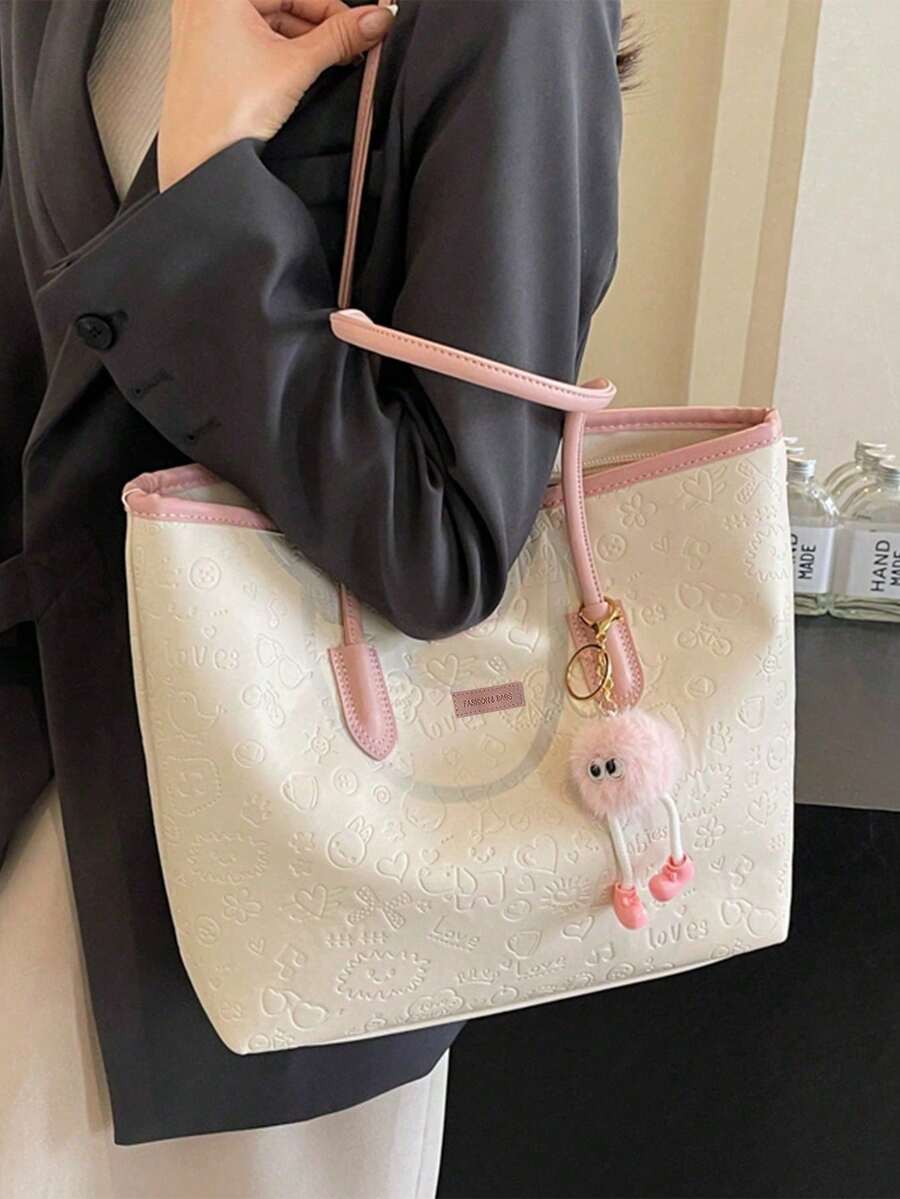 Large Capacity Women's Fashion Multifunctional Shoulder Bag, New Canvas Handbag, Stylish Design, Suitable For School, Commuting And Shopping (Pendant Not Included),Pink Bag