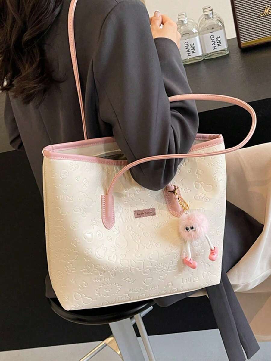 Large Capacity Women's Fashion Multifunctional Shoulder Bag, New Canvas Handbag, Stylish Design, Suitable For School, Commuting And Shopping (Pendant Not Included),Pink Bag