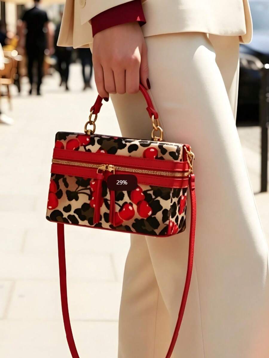 JNIJLI Cute Leopard & Cherry Print Double-Zip Box Tote Bag For Women- Ins Style Fashion Handbag, Stylish Tassel-Accent Shoulder Crossbody