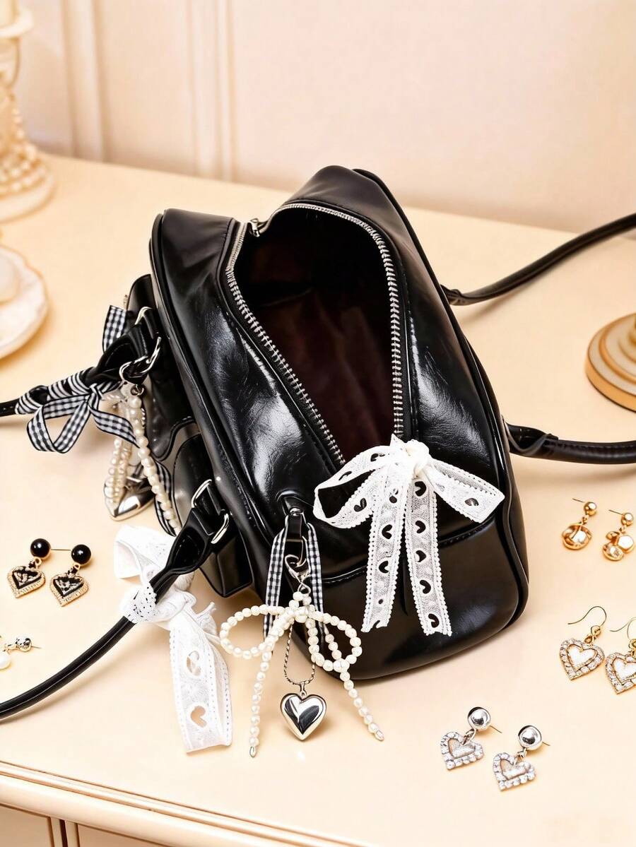 1pc Minimalist Retro Zipper Tote Bag, Decorated With Pockets, Dual Handles, Suitable For Women's Casual And Commuting Daily Use