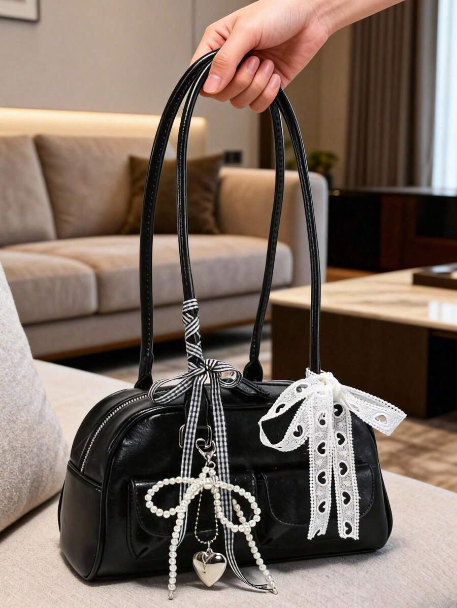 1pc Minimalist Retro Zipper Tote Bag, Decorated With Pockets, Dual Handles, Suitable For Women's Casual And Commuting Daily Use
