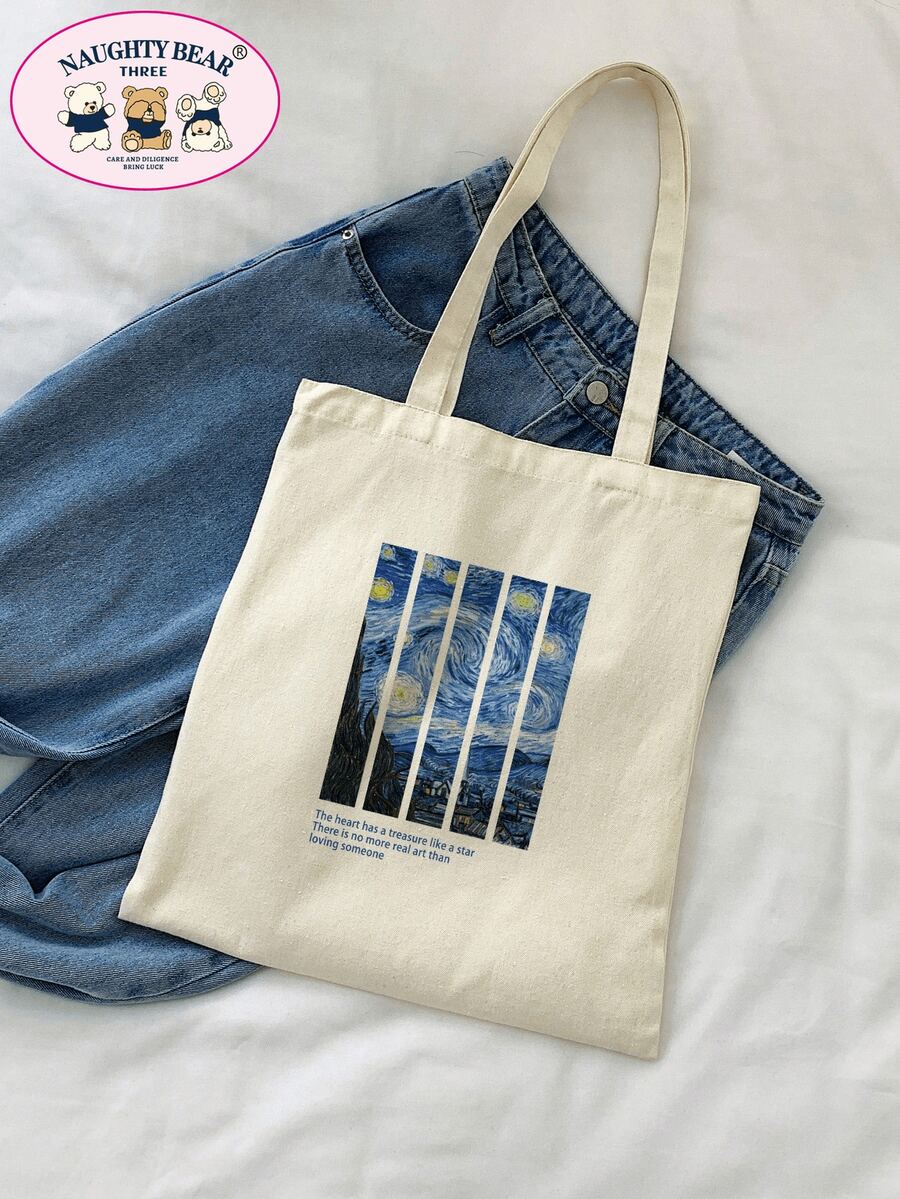 1pc Black Fashionable Cat & Starry Sky Printed Women's Canvas Tote Bag, Portable Shopping Bag For TravellingLightweight,Portable,Large Capacity, Suitable For Teen Girls Women College Students, Perfect