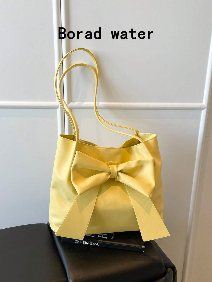 New Fashion Bucket Handbag, Bowknot Decor, Spring/Summer Tote Bag, Shoulder Bag, Commuter Bag, Solid Color Handbag For Women
