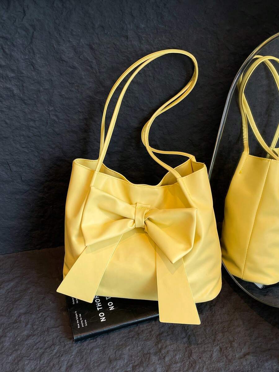 New Fashion Bucket Handbag, Bowknot Decor, Spring/Summer Tote Bag, Shoulder Bag, Commuter Bag, Solid Color Handbag For Women