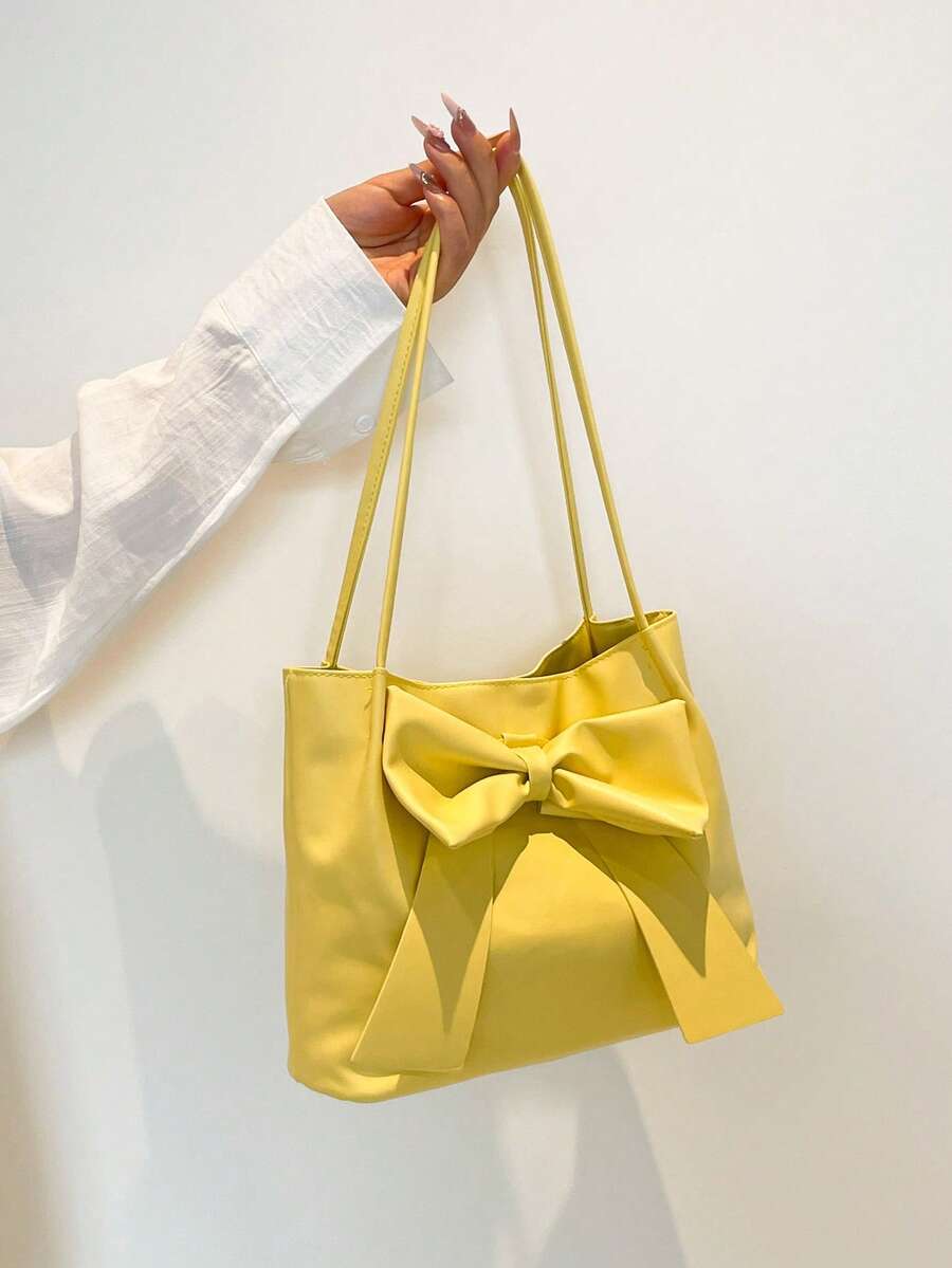 New Fashion Bucket Handbag, Bowknot Decor, Spring/Summer Tote Bag, Shoulder Bag, Commuter Bag, Solid Color Handbag For Women