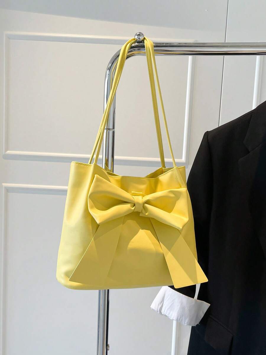 New Fashion Bucket Handbag, Bowknot Decor, Spring/Summer Tote Bag, Shoulder Bag, Commuter Bag, Solid Color Handbag For Women