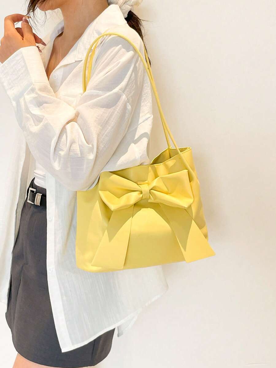 New Fashion Bucket Handbag, Bowknot Decor, Spring/Summer Tote Bag, Shoulder Bag, Commuter Bag, Solid Color Handbag For Women