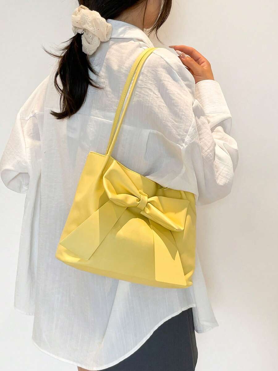 New Fashion Bucket Handbag, Bowknot Decor, Spring/Summer Tote Bag, Shoulder Bag, Commuter Bag, Solid Color Handbag For Women