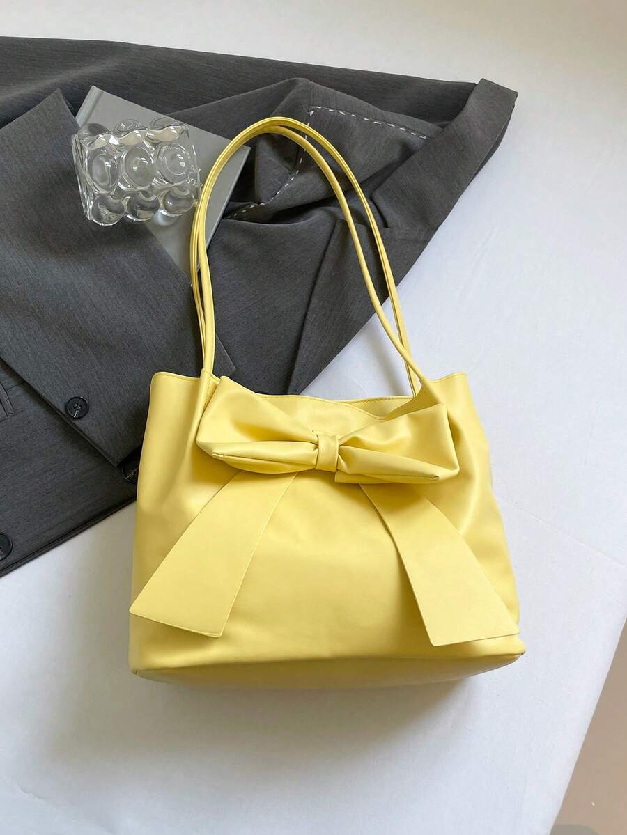 New Fashion Bucket Handbag, Bowknot Decor, Spring/Summer Tote Bag, Shoulder Bag, Commuter Bag, Solid Color Handbag For Women