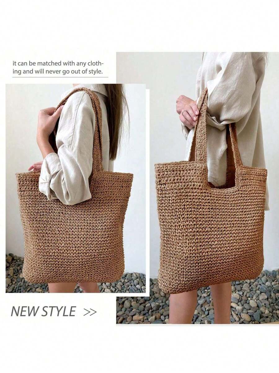Women's Fashion Solid Color Handwoven Straw Shoulder Bag, Large Capacity Tote, Classic Square Bag Style,Summer Vacation Travel Beach Bag-Khaki