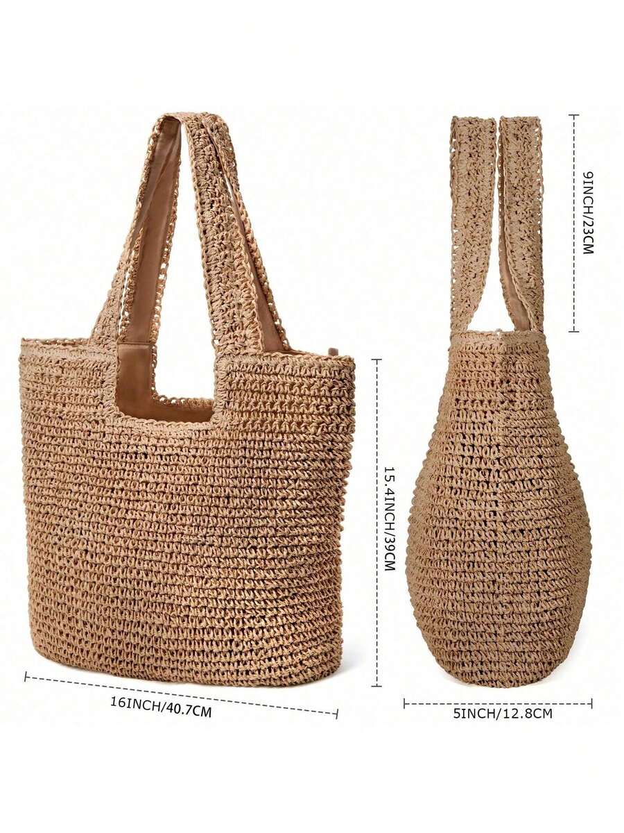 Women's Fashion Solid Color Handwoven Straw Shoulder Bag, Large Capacity Tote, Classic Square Bag Style,Summer Vacation Travel Beach Bag-Khaki