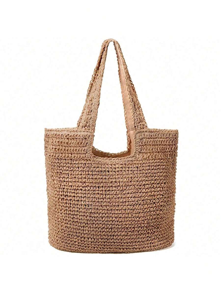 Women's Fashion Solid Color Handwoven Straw Shoulder Bag, Large Capacity Tote, Classic Square Bag Style,Summer Vacation Travel Beach Bag-Khaki