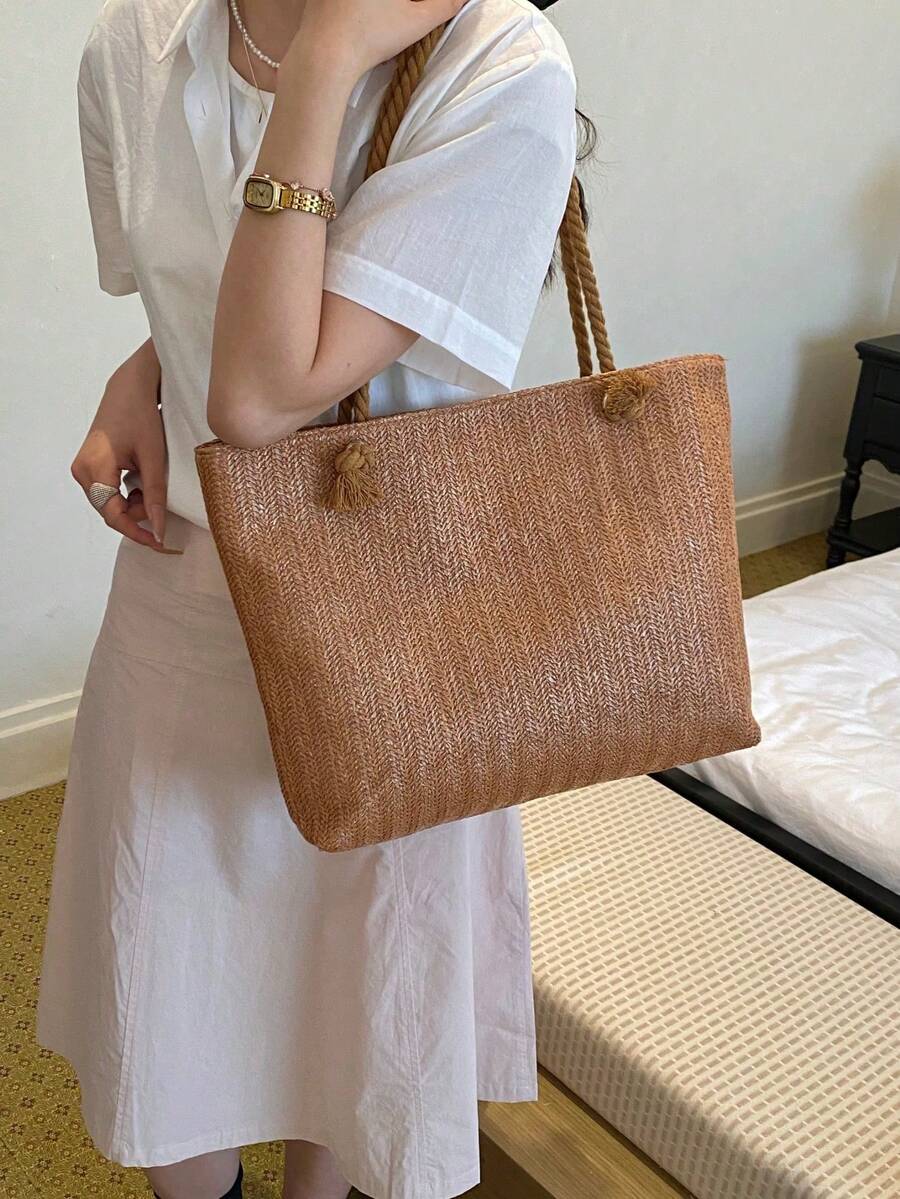 Dedoo Woven Large Capacity Tote Bag, Lightweight Shopping Shoulder Bag, Summer Travel Essential Women's Vacation Backpack
