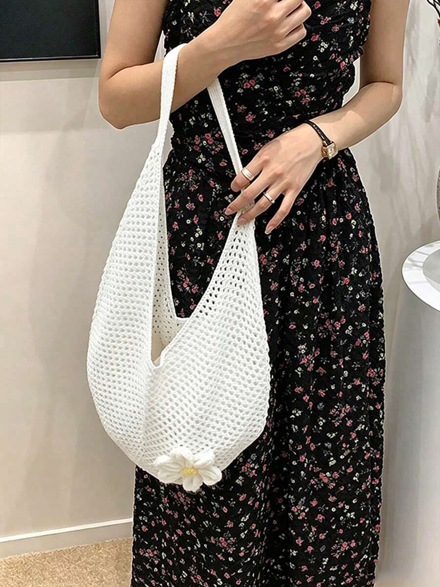 Yogodlns Hollow Woven Bohemian Style Beach Tote Bag, Large Capacity Casual Shopping Beach Bag For Women, Crochet Flower