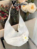 Yogodlns Hollow Woven Bohemian Style Beach Tote Bag, Large Capacity Casual Shopping Beach Bag For Women, Crochet Flower
