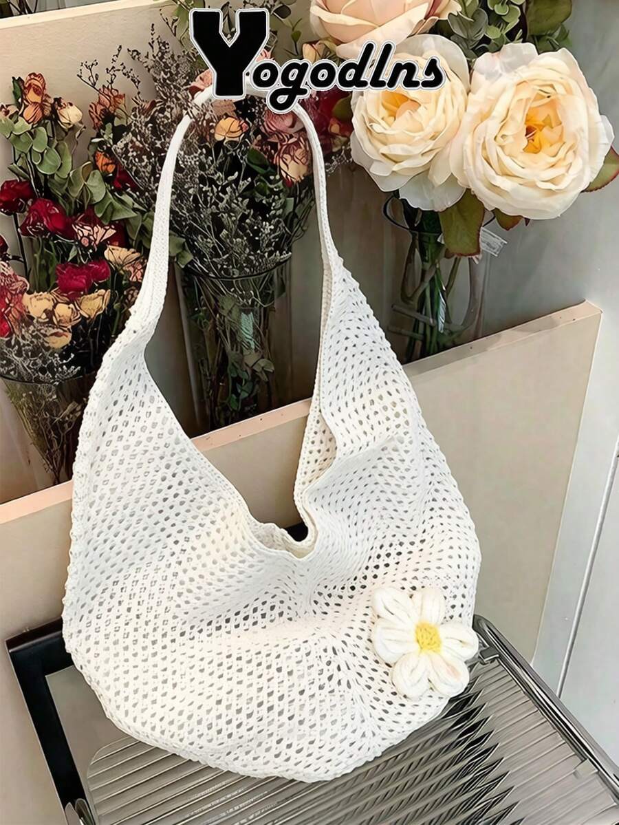 Yogodlns Hollow Woven Bohemian Style Beach Tote Bag, Large Capacity Casual Shopping Beach Bag For Women, Crochet Flower