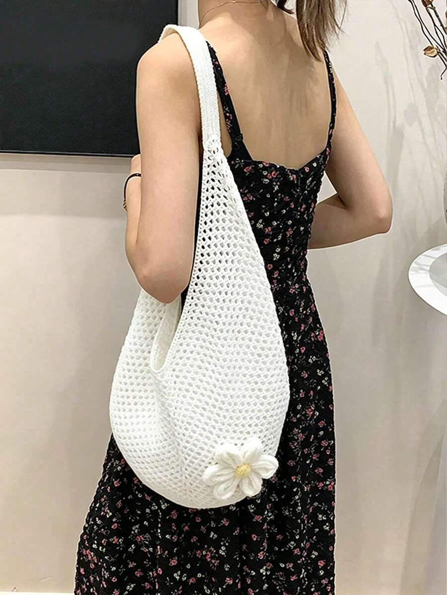 Yogodlns Hollow Woven Bohemian Style Beach Tote Bag, Large Capacity Casual Shopping Beach Bag For Women, Crochet Flower