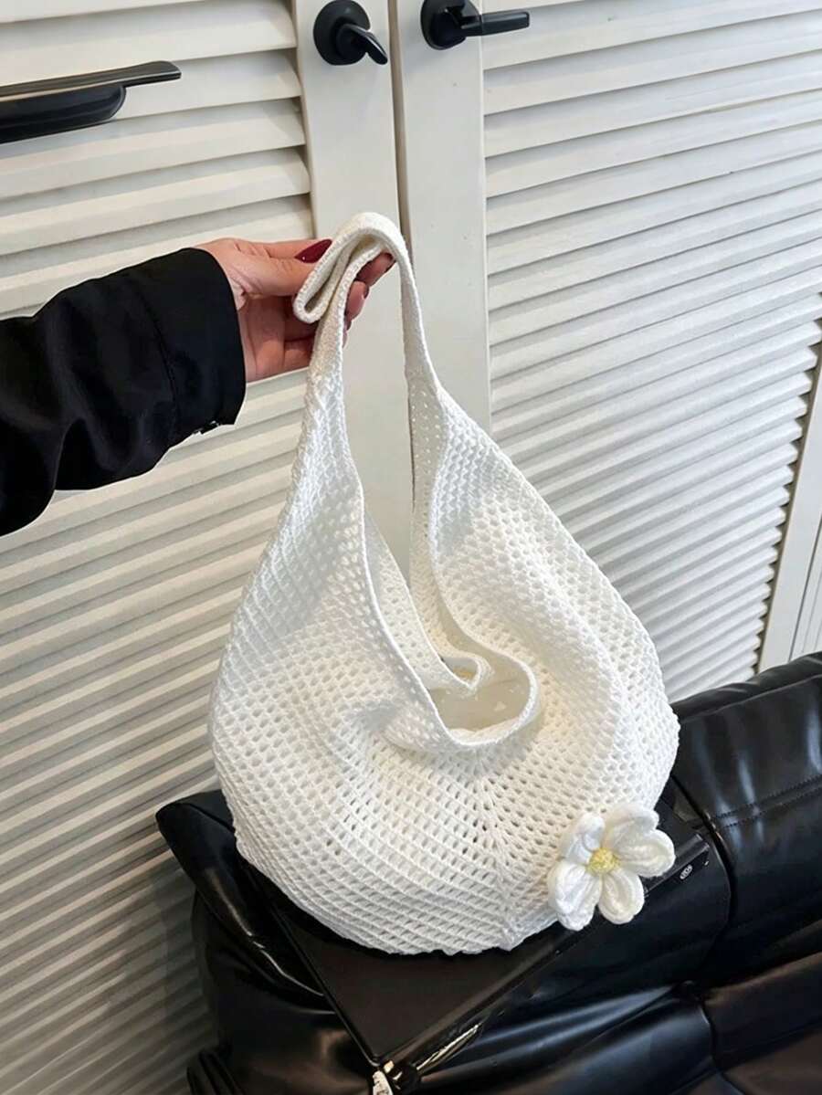 Yogodlns Hollow Woven Bohemian Style Beach Tote Bag, Large Capacity Casual Shopping Beach Bag For Women, Crochet Flower