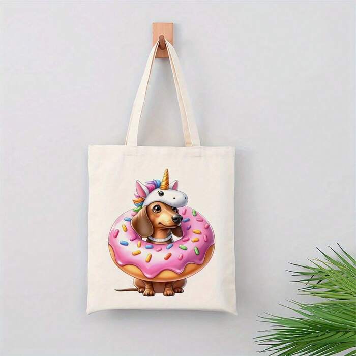1pc Women's Dachshund Tote Bag- Cute Dachshund On Donut Print Large Capacity Sho