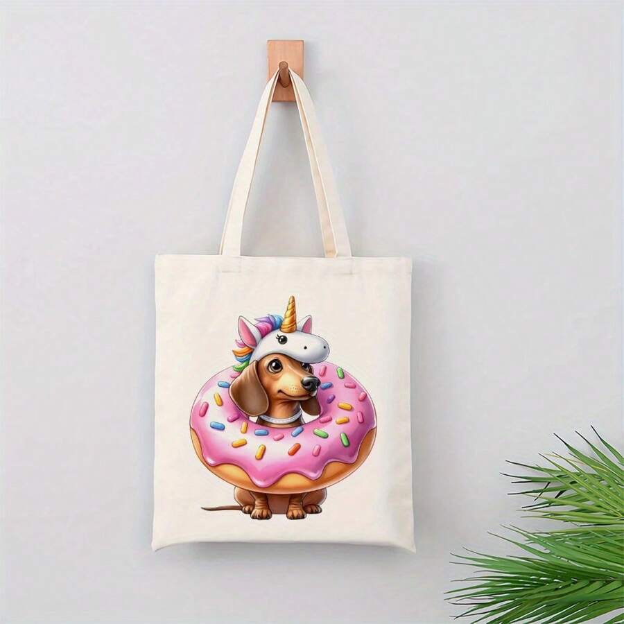 1pc Women's Dachshund Tote Bag- Cute Dachshund On Donut Print Large Capacity Shoulder Bag, Durable Suitable For Travel, Picnic, Shopping, Machine Washable Gift For Dog Lovers, Reusable Carryall With