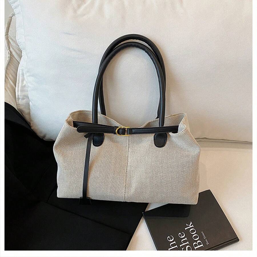 Canvas Tote Bag Large Capacity Women Commuter Shoulder Handbag With Contrast PU Leather Handle Adjustable Buckle Design Lightweight Work College Casual Satchel Travel Beach Top-Handle Shopping Everyda