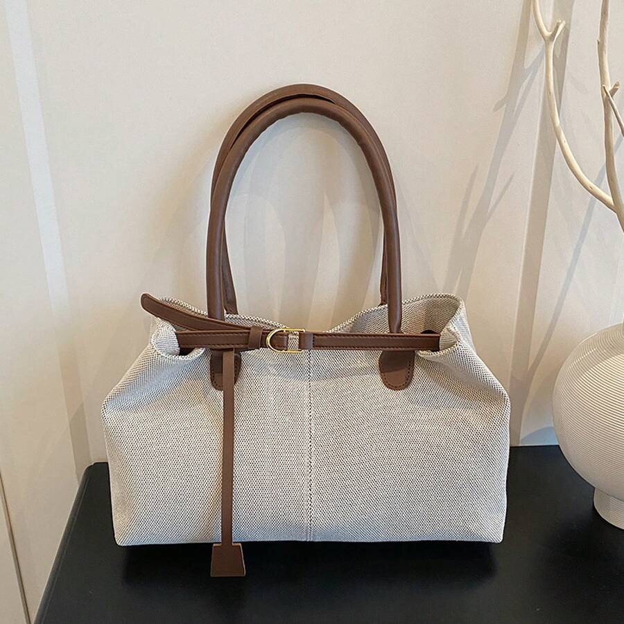 Canvas Tote Bag Large Capacity Women Commuter Shoulder Handbag With Contrast PU Leather Handle Adjustable Buckle Design Lightweight Work College Casual Satchel Travel Beach Top-Handle Shopping Everyda