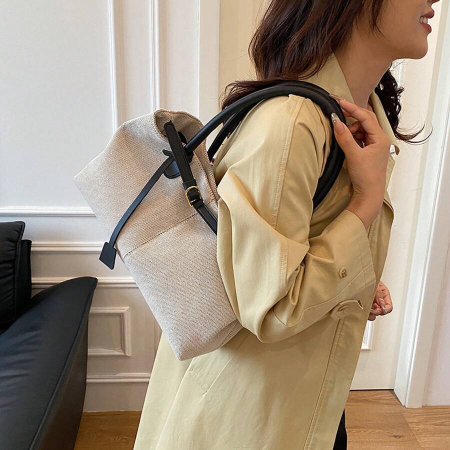 Canvas Tote Bag Large Capacity Women Commuter Shoulder Handbag With Contrast PU Leather Handle Adjustable Buckle Design Lightweight Work College Casual Satchel Travel Beach Top-Handle Shopping Everyda