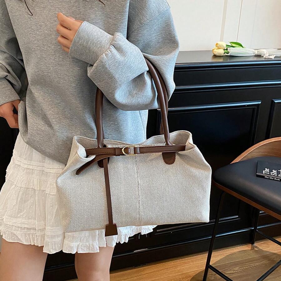 Canvas Tote Bag Large Capacity Women Commuter Shoulder Handbag With Contrast PU Leather Handle Adjustable Buckle Design Lightweight Work College Casual Satchel Travel Beach Top-Handle Shopping Everyda